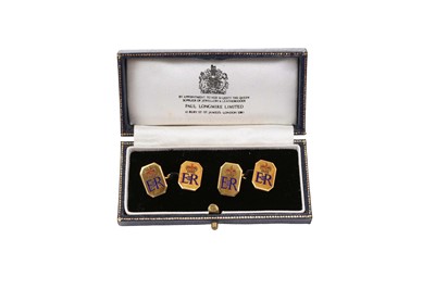 Lot 11 - H.M. Queen Elizabeth II, fine pair of presentation 9ct gold and enamel cufflinks with red and blue enamel crowned ERII cyphers and joined by chains in original fitted box with gilt embossed crown...