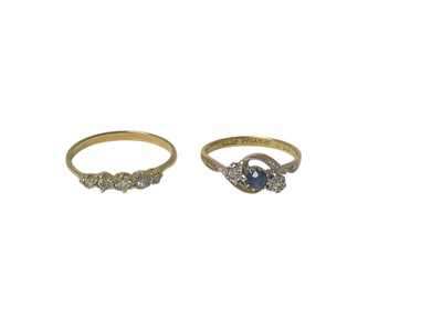 Lot 678 - Edwardian diamond five stone ring with five old cut diamonds in claw setting on gold shank, ring size R½, together with a 1930s sapphire and diamond three stone cross-over ring in platinum setti...