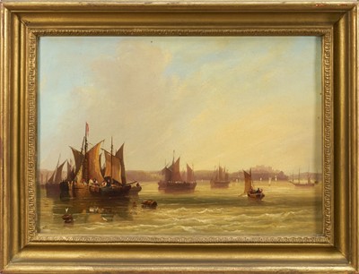 Lot 1204 - William Calvert, 19th century, oil on canvas - Fishing Boats at Anchor, signed, 25cm x 35cm, in gilt frame