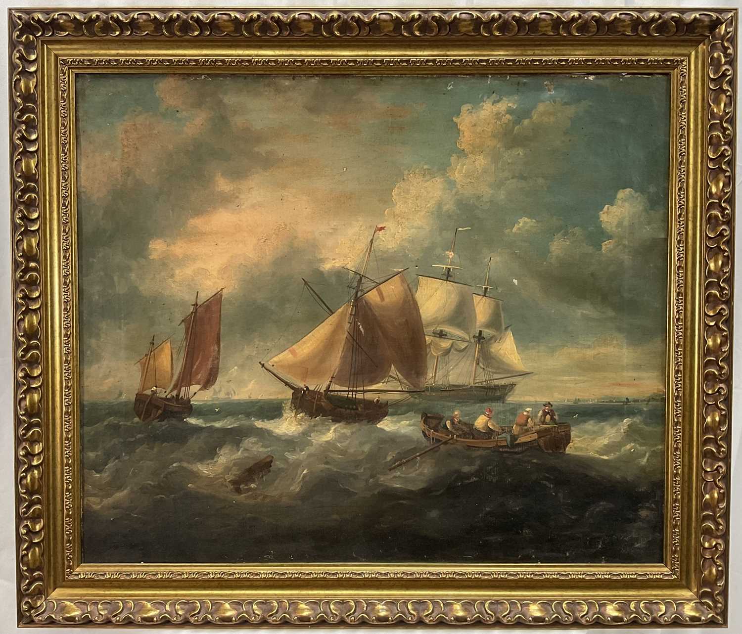 Lot 1293 - Attributed to Henry Redmore (1820-1887) oil on canvas - Rowing in Choppy Seas, 63cm x 76cm, gilt frame