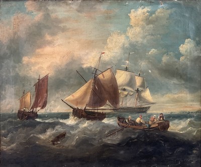 Lot 1293 - Attributed to Henry Redmore (1820-1887) oil on canvas - Rowing in Choppy Seas, 63cm x 76cm, gilt frame
