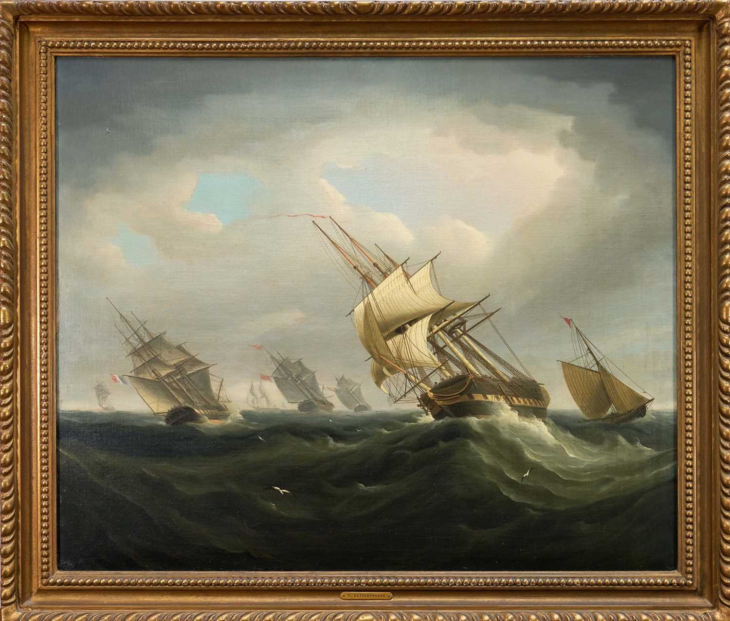 Lot 1207 - Attributed to Thomas Buttersworth (c.1768-1842) oil on canvas - Shipping in a Swell, apparently unsigned, 61cm x 74cm, in gilt frame Provenance: Mandell's Gallery, Norwich, 13th July 197...
