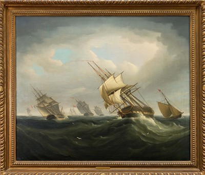 Lot 1207 - Attributed to Thomas Buttersworth (c.1768-1842) oil on canvas - Shipping in a Swell, apparently unsigned, 61cm x 74cm, in gilt frame Provenance: Mandell's Gallery, Norwich, 13th July 197...