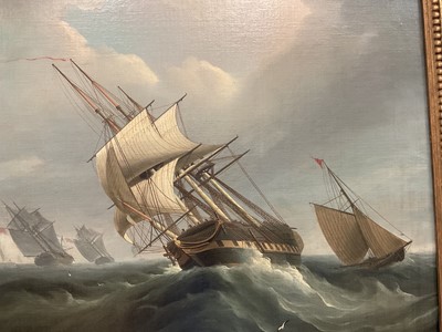 Lot 1207 - Attributed to Thomas Buttersworth (c.1768-1842) oil on canvas - Shipping in a Swell, apparently unsigned, 61cm x 74cm, in gilt frame Provenance: Mandell's Gallery, Norwich, 13th July 197...