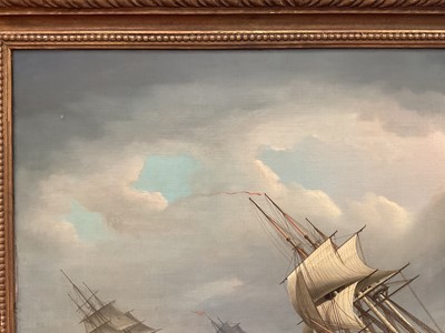 Lot 1207 - Attributed to Thomas Buttersworth (c.1768-1842) oil on canvas - Shipping in a Swell, apparently unsigned, 61cm x 74cm, in gilt frame Provenance: Mandell's Gallery, Norwich, 13th July 197...