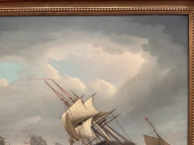 Lot 1207 - Attributed to Thomas Buttersworth (c.1768-1842) oil on canvas - Shipping in a Swell, apparently unsigned, 61cm x 74cm, in gilt frame Provenance: Mandell's Gallery, Norwich, 13th July 197...
