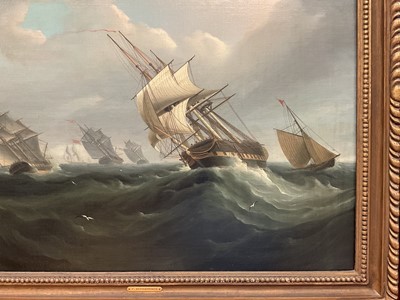 Lot 1207 - Attributed to Thomas Buttersworth (c.1768-1842) oil on canvas - Shipping in a Swell, apparently unsigned, 61cm x 74cm, in gilt frame Provenance: Mandell's Gallery, Norwich, 13th July 197...