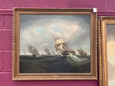 Lot 1207 - Attributed to Thomas Buttersworth (c.1768-1842) oil on canvas - Shipping in a Swell, apparently unsigned, 61cm x 74cm, in gilt frame Provenance: Mandell's Gallery, Norwich, 13th July 197...