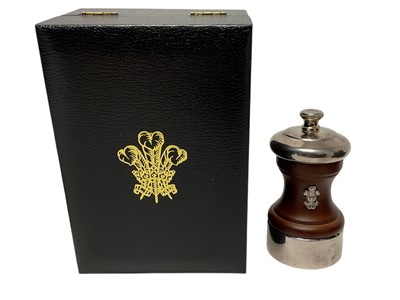 Lot 92 - H.R.H. Prince Charles The Prince of Wales (now King Charles III), presentation silver plated and turned wood Pepper grinder with Prince of Wales feather crest decoration in fitted box with P.O.W...