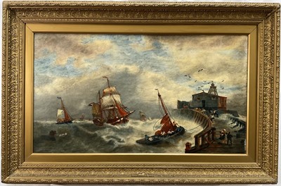 Lot 1299 - English School 19th century, oil on canvas - Fishing vessels off a pier in rough seas, 41cm x 75cm, gilt frame