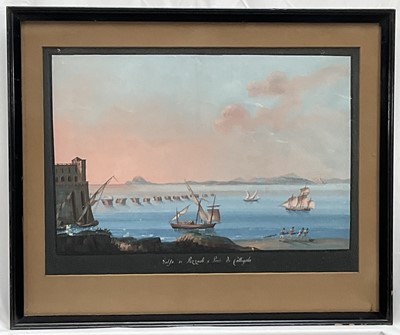Lot 1322 - Neapolitan School 19th century gouache - The Gulf of Pozzuoli and Ponte di Calligola, inscribed, 31cm x 43cm, glazed frame