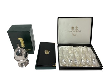 Lot 94 - H.R.H. Prince Charles The Prince of Wales (now King Charles III), presentation leather wallet with gilt embossed Prince of Wales feather crest decoration in box, set 6 silver plated teaspoons w...
