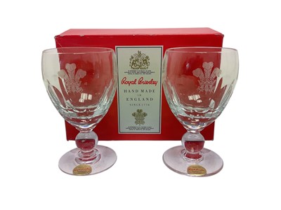 Lot 95 - H.R.H. Prince Charles The Prince of Wales (now King Charles III), pair presentation Royal Brierley wine goblets with engraved Prince of Wales feather crest decoration in box with P.O.W. cypher. P...