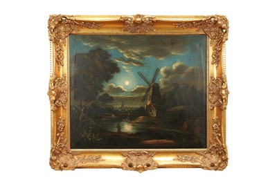 Lot 1297 - Manner of Sebastian Pether (1790 - 1844) oil on canvas - A moonlit river landscape with a windmill in the foreground, 50cm x 60cm, gilt frame