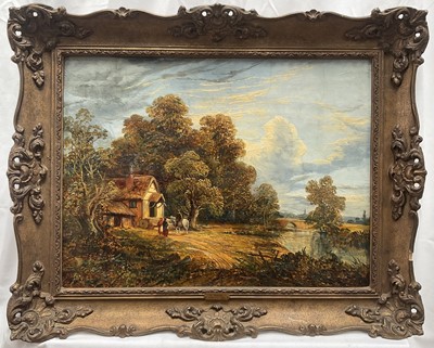 Lot 1245 - Joseph Paul (1804 - 1884) oil on panel, A river landscape with figures and a horse by a cottage in the foreground, in gilt frame. 36 x 46cm