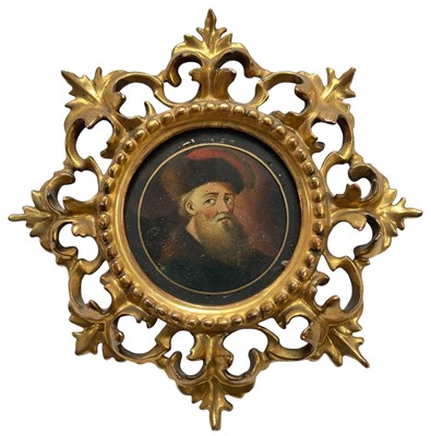 Lot 1319 - Italian School 19th century, miniature oil on board - A bearded clerk, 7cm, in carved Florentine gilt frame