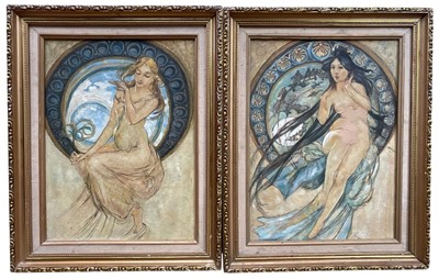 Lot 1318 - After Alphonse Mucha, pair oils on board in the Art Nouveau style - Nymphs, both 40cm x 30cm and framed