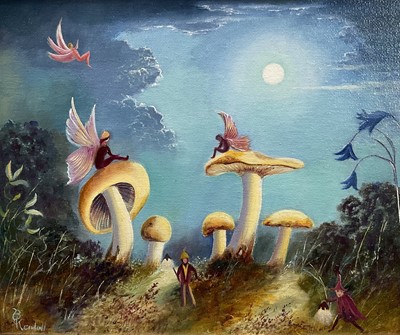 Lot 1298 - Bruce Kendall (b.1948) oil on canvas board, Fairies and mushrooms, signed, 25cm x 30cm, gilt frame