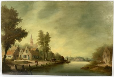 Lot 1246 - Reinier Sybrand Bakels (1873 - 1958) oil on oak panel, canal scene with figures and a horse and cart, signed, unframed. 40 x 60cm.
