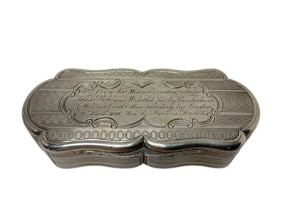 Lot 546 - Victorian silver snuff box of shaped rectangular form, with engine turned decoration