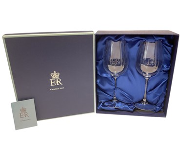 Lot 103 - H.M. Queen Elizabeth II, Royal Household 2019 Christmas gift pair wine glasses with crowned ERII cyphers in box with card