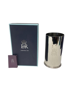 Lot 105 - H.M. Queen Elizabeth II, Royal Household 2015 Christmas gift silver plated bottle sleeve with crowned ERII cypher in box with card