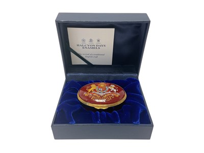 Lot 108 - H.M. Queen Elizabeth II, Royal Household 2012 Christmas gift Halcyon Days Diamond Jubilee enamel box decorated with Royal Arms in box with card