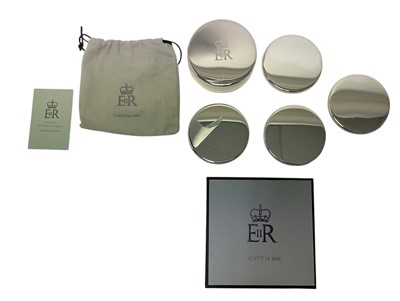 Lot 112 - H.M. Queen Elizabeth II, Royal Household 2008 Christmas gift silver plated drinks coasters in box decorated with crowned ERII cypher in box with card