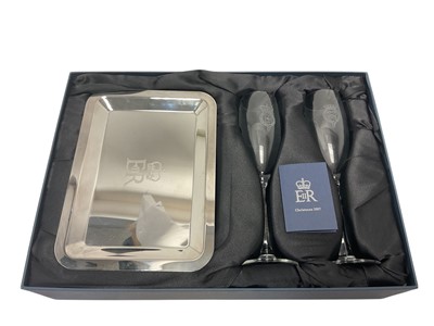 Lot 113 - H.M. Queen Elizabeth II, Royal Household 2007 Christmas gift lantern pair wine glasses on plated tray decorated crowned ERII cyphers in box with card