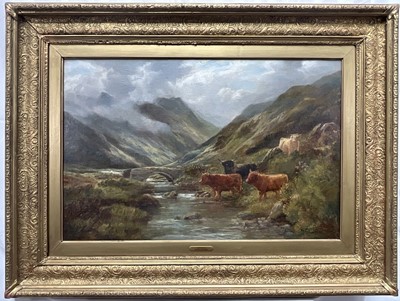Lot 1218 - Daniel Sherrin (1868-1940) oil on canvas - Highland Cattle beside a River, signed, 51cm x 76cm, in gilt frame