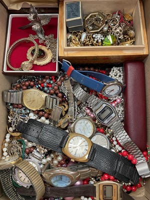 Lot 1177 - Vintage costume jewellery and bijouterie to include various beads, gold plated jewellery, collection of coins, Timex, Rotary and other wristwatches etc