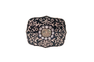 Lot 650 - Regency diamond and black enamel gold mourning brooch, the central glazed locket containing a lock of hair, surrounded by an old cut diamond border and gold foliage on black enamel ground, 41mm....
