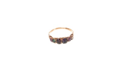 Lot 655 - George III gold and gem-set 'Dearest' ring in foiled closed-back gold setting with pierced shoulders on tapered shank, ring size M.