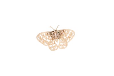 Lot 661 - Large early Victorian pearl butterfly brooch with natural pearls threaded onto a mother of pearl framework with brooch fitting, 83mm, in original fitted leather box retailed by Van Praagh, 119 O...