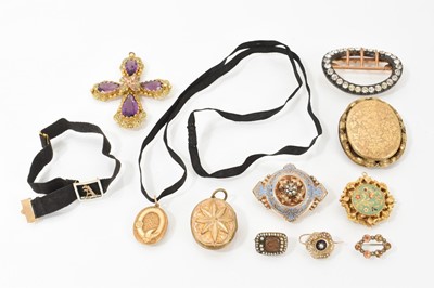 Lot 662 - A good group of antique jewellery to include a Regency two-colour gilt metal and purple paste cross pendant, 70mm, George III gold and seed pearl mourning brooch, Victorian turquoise enamel broo...