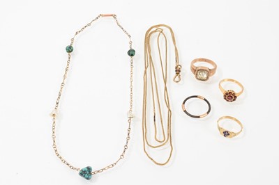 Lot 663 - Edwardian gold chain with turquoise and pearls, Victorian yellow metal chain, three gold rings and an elephant hair ring