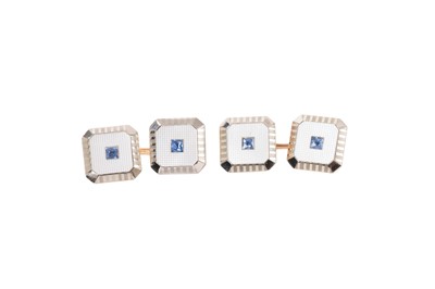 Lot 664 - Set of Art Deco gold and mother of pearl dress cufflinks with a blue sapphire to the centre, in white and yellow gold setting, in a gilt tooled leather box retailed by James Ogden & Sons Ltd...