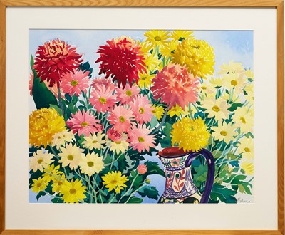 Lot 1307 - *Christopher Ryland (1951-2022) watercolour - Chrysanthemums with Portuguese Jug, signed, 54cm x 70cm, mounted in glazed frame