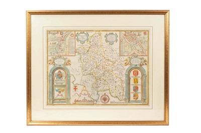 Lot 1129 - J Speed, map of Buckinghamshire, handcoloured, published by Bassett & Chiswell, circa 1660, framed and glazed 59cm x 70cm