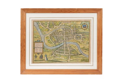 Lot 1124 - Braun & Hogenburg - "Brightstowe" Bristolia, handcoloured plan of Bristol c1588, Latin text verso, framed and glazed 53cm x 63cm