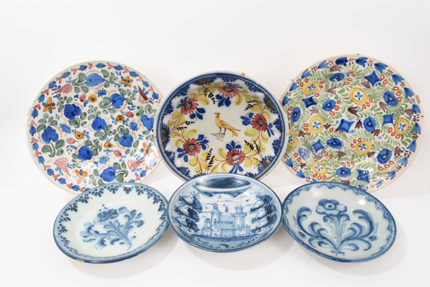 Lot 69 - Group of five decorative tin glazed earthenware dishes, including blue and white, and polychrome