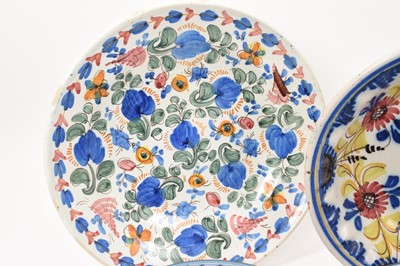 Lot 69 - Group of five decorative tin glazed earthenware dishes, including blue and white, and polychrome