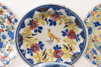 Lot 69 - Group of five decorative tin glazed earthenware dishes, including blue and white, and polychrome