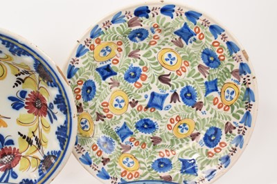 Lot 69 - Group of five decorative tin glazed earthenware dishes, including blue and white, and polychrome