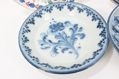 Lot 69 - Group of five decorative tin glazed earthenware dishes, including blue and white, and polychrome