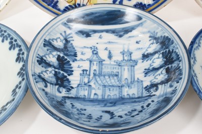 Lot 69 - Group of five decorative tin glazed earthenware dishes, including blue and white, and polychrome