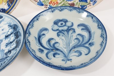 Lot 69 - Group of five decorative tin glazed earthenware dishes, including blue and white, and polychrome