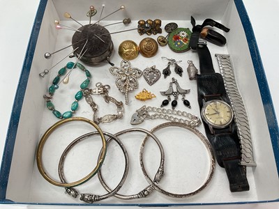 Lot 1024 - Group of costume jewellery to include an Edwardian silver pin cushion, silver bangle with hammered finish, other silver jewellery and a Buren wristwatch