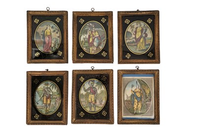 Lot 1117 - Set of six George III hand painted prints, allegorical depictions of the continents and classical subjects, in period verre eglomise glazed gilt frames, each 22.5 x 18cm
