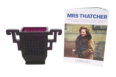 Lot 144 - Formerly The Property of The Right Honourable The Baroness Thatcher, L.G.,O.M., rare Taiwanese Tittot Art purple glass ' Shou Character archaic form vase' signed ' Liu Yuan, Wong Yi Nian 1995 10...